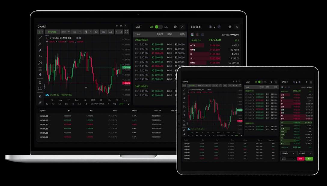 A laptop and a tablet display trading chart applications